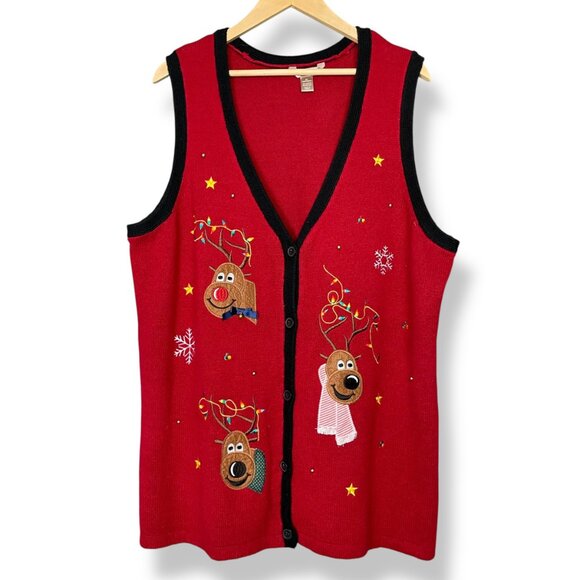 Vintage Christmas Sweater Vest Reindeer Embroider Applique Women Size 2X Holiday - Picture 1 of 12